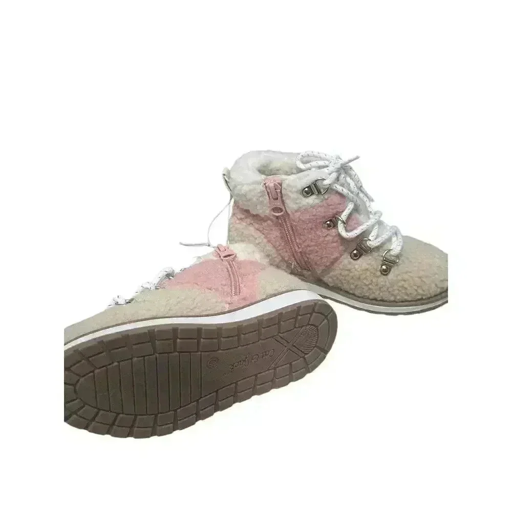 Cat & Jack- Kids Girl Lace-Up Side Zipper Fuzzy Combat Winter Boots,Beige